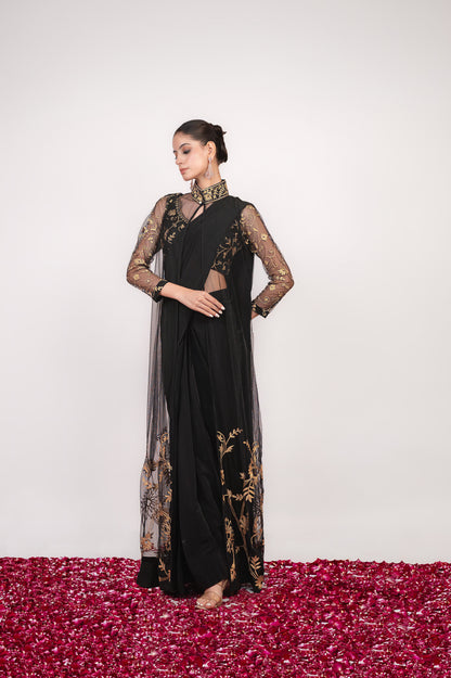 Tilla-e-Shab | Carbon Black Embroidered Saree With Jacket