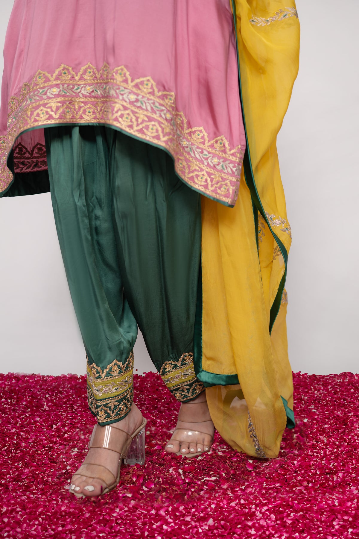 Gulnaar-e-Shaam | Pink, Green & Yellow Embroidered Pheran Suit