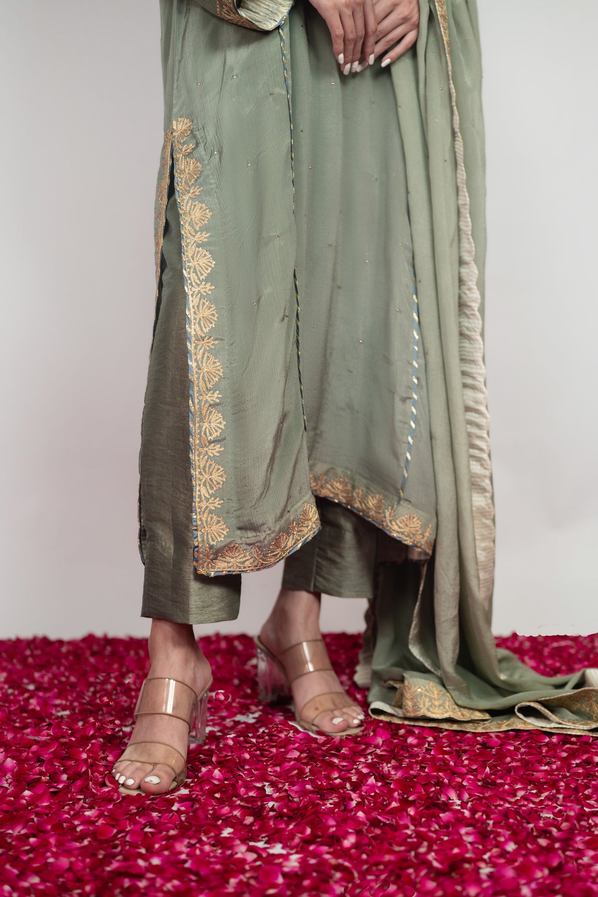 Saba-e-Shaam | Powder Grey Mukaish Embroidered Suit