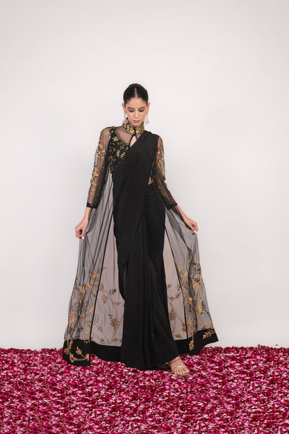 Tilla-e-Shab | Carbon Black Embroidered Saree With Jacket