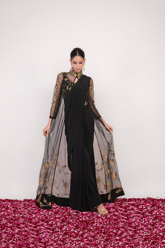 Tilla-e-Shab | Carbon Black Embroidered Saree With Jacket