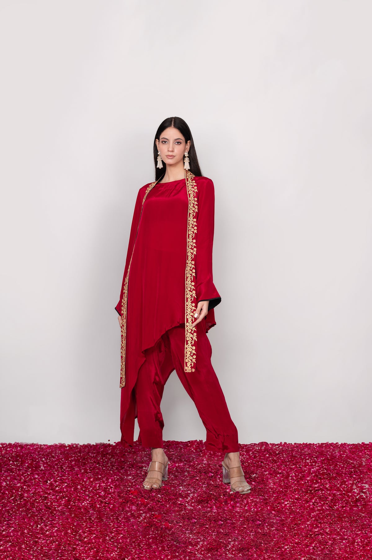 Surkh-e-Shaam | Maroon Embroidered Asymmetric Co-ord Set