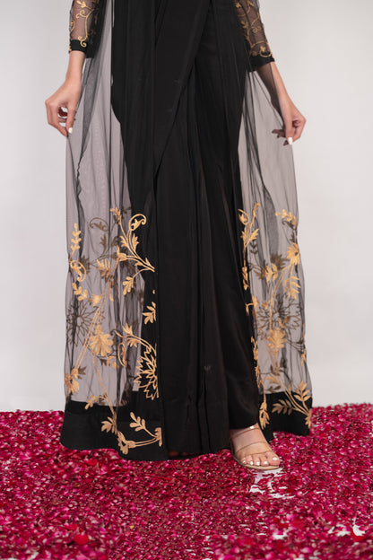 Tilla-e-Shab | Carbon Black Embroidered Saree With Jacket