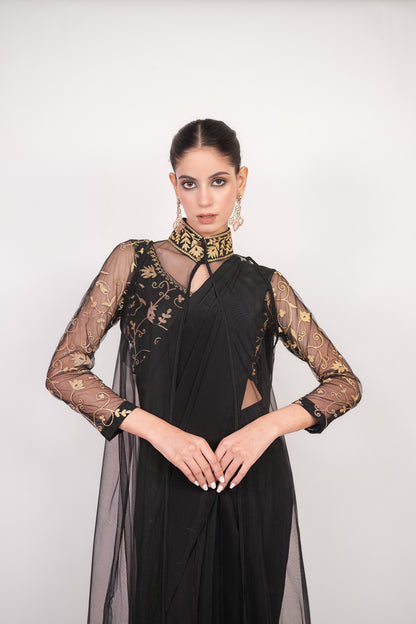 Tilla-e-Shab | Carbon Black Embroidered Saree With Jacket
