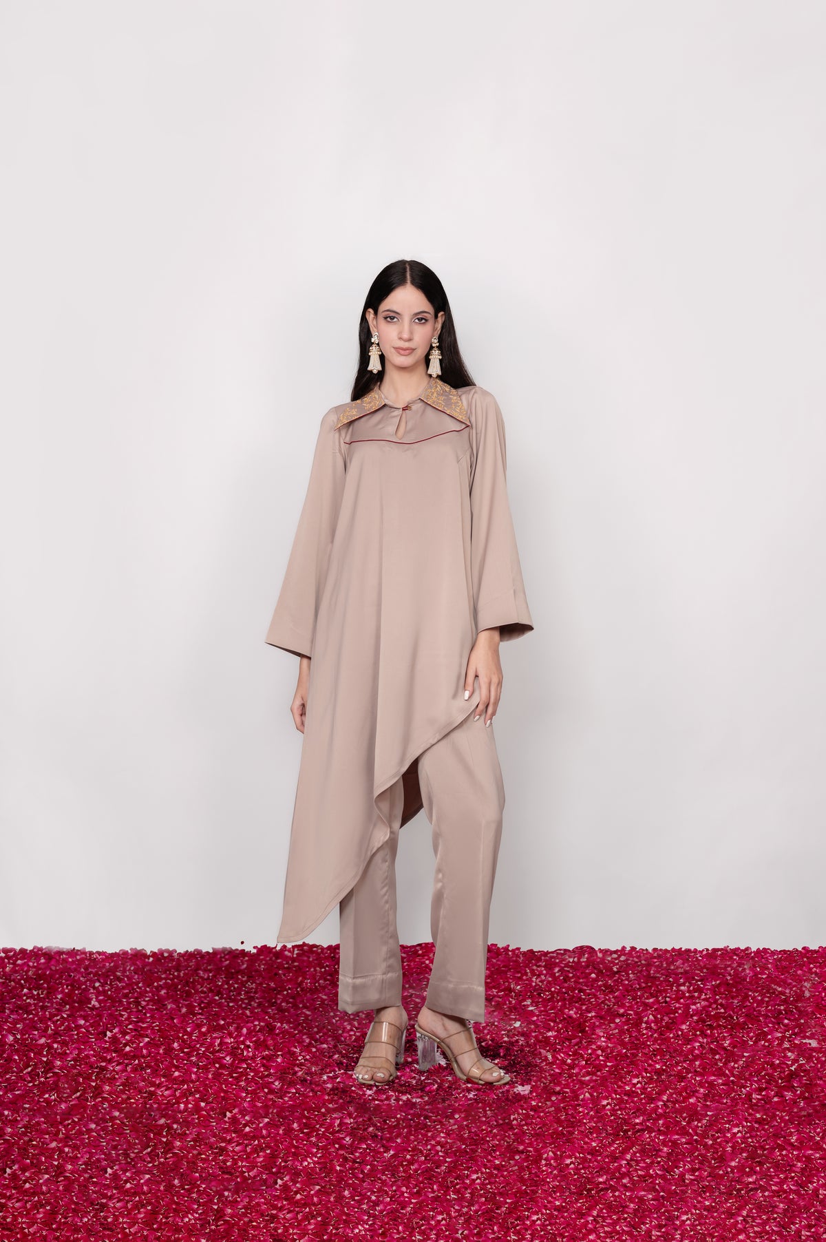 Mehr-e-Shaam | Taupe Embroidered Asymmetric Co-ord Set