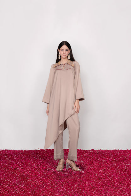 Mehr-e-Shaam | Taupe Embroidered Asymmetric Co-ord Set