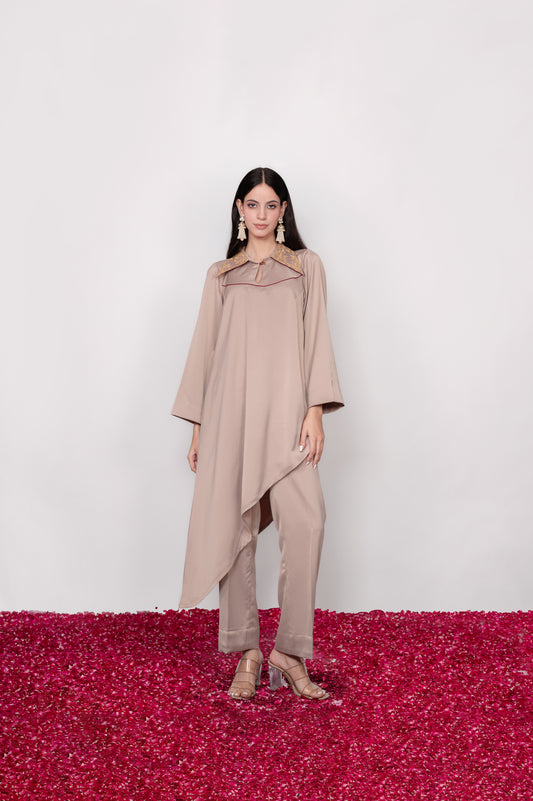Mehr-e-Shaam | Taupe Embroidered Asymmetric Co-ord Set