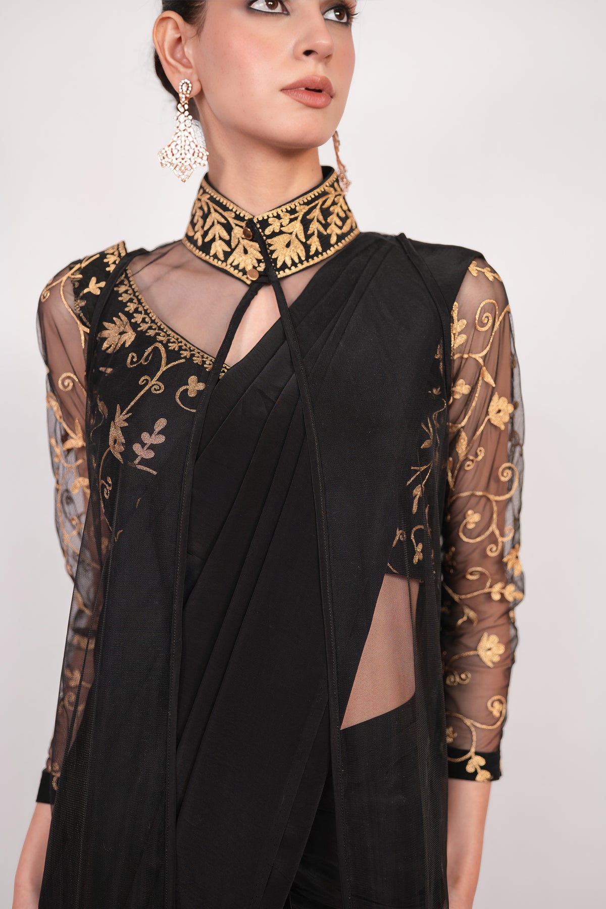 Tilla-e-Shab | Carbon Black Embroidered Saree With Jacket