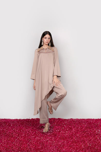 Mehr-e-Shaam | Taupe Embroidered Asymmetric Co-ord Set