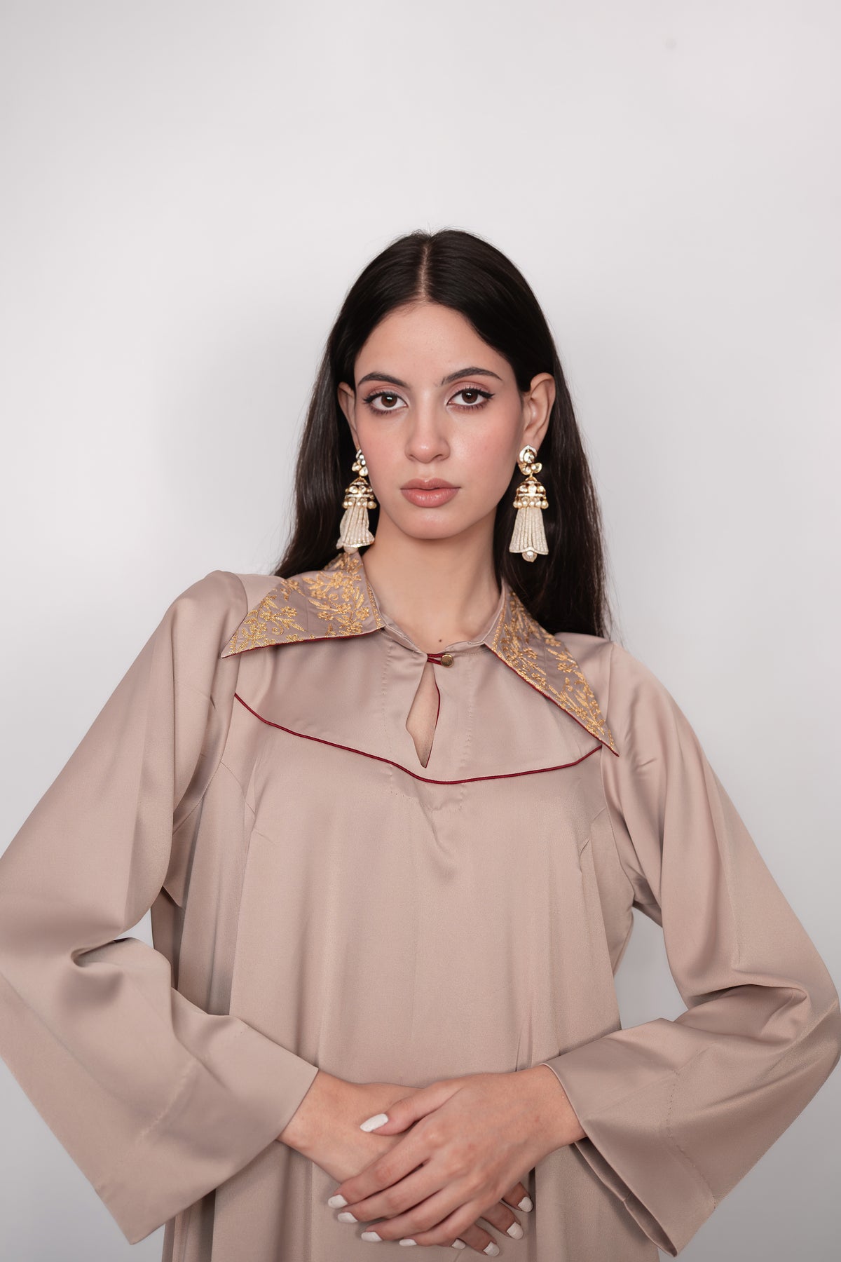 Mehr-e-Shaam | Taupe Embroidered Asymmetric Co-ord Set