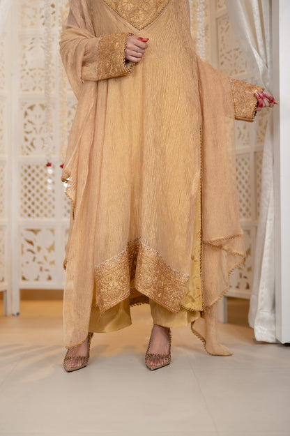 Shahzadi | Antique Gold Embroidered Tissue Suit
