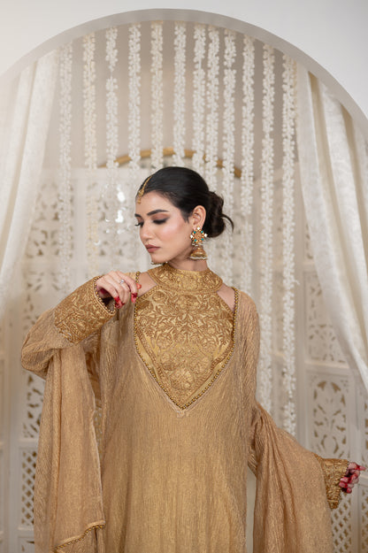 Shahzadi | Antique Gold Embroidered Tissue Suit