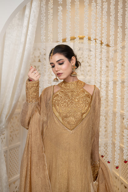 Shahzadi | Antique Gold Embroidered Tissue Suit