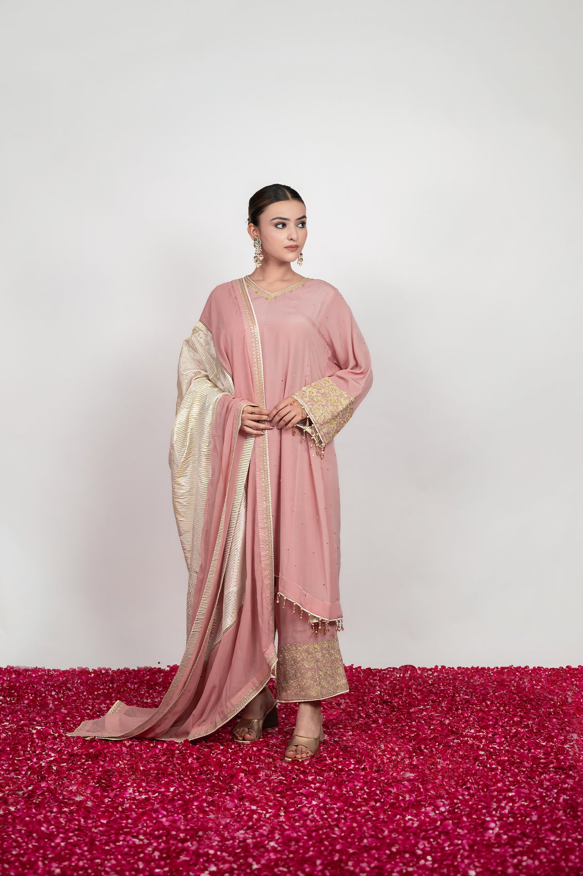 Gulrang-e-Shaam |  Powder Pink Embroidered Suit With Stripes Dupatta