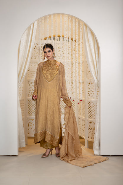 Shahzadi | Antique Gold Embroidered Tissue Suit