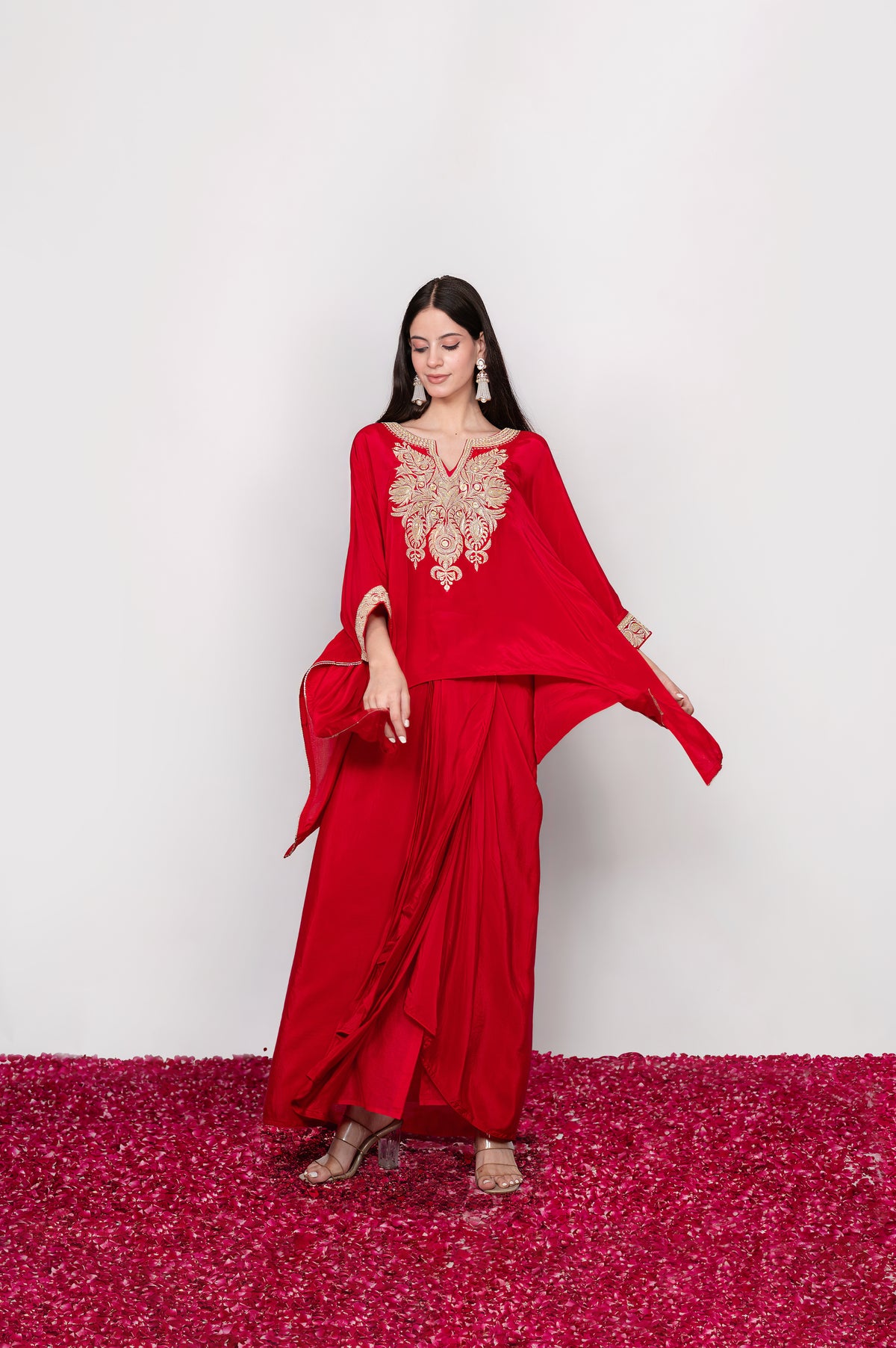 Raqs-e-Surkh | Red Embroidered Draped Skirt Set
