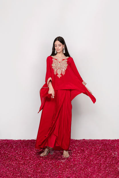 Raqs-e-Surkh | Red Embroidered Draped Skirt Set