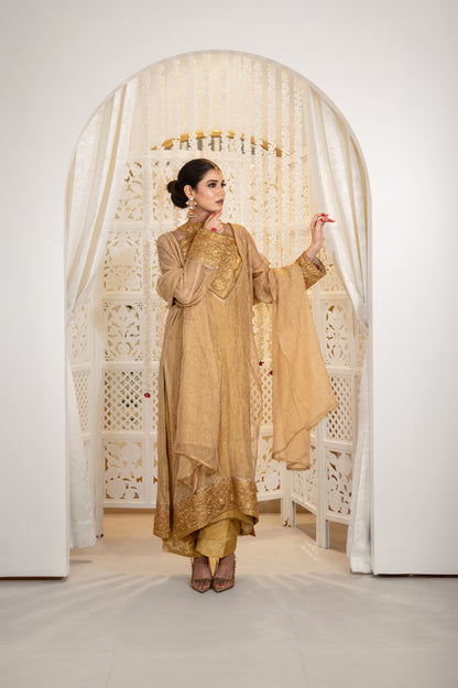 Shahzadi | Antique Gold Embroidered Tissue Suit