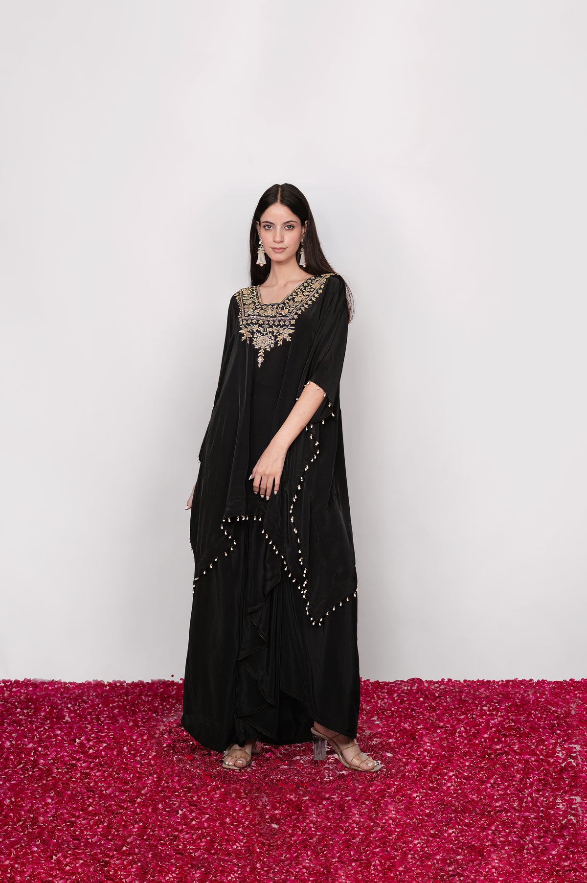 Mehfil-e-Shab | Black Embroidered Draped Skirt Set