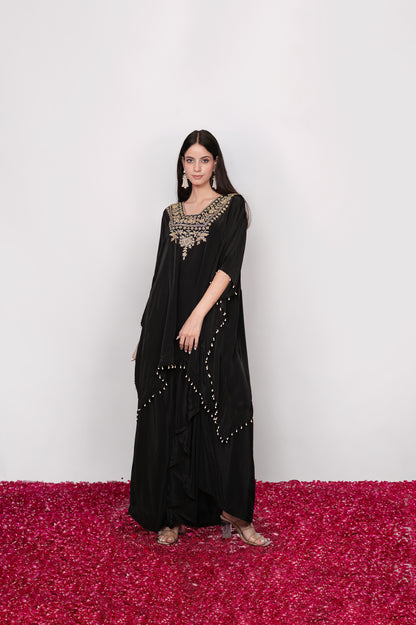 Mehfil-e-Shab | Black Embroidered Draped Skirt Set