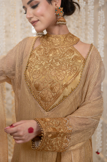 Shahzadi | Antique Gold Embroidered Tissue Suit