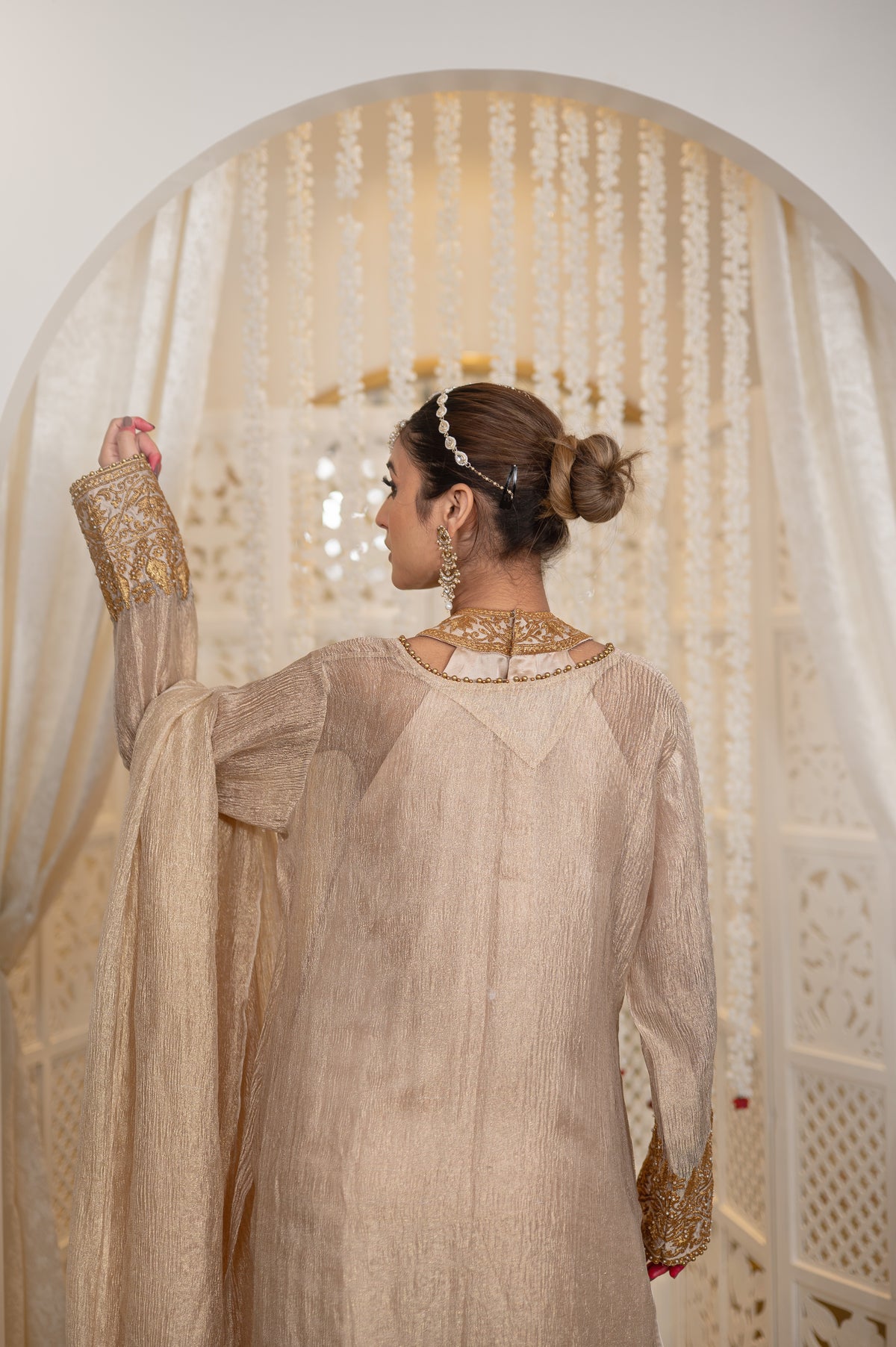 Zarafshan | Sand Gold Embroidered Tissue Suit