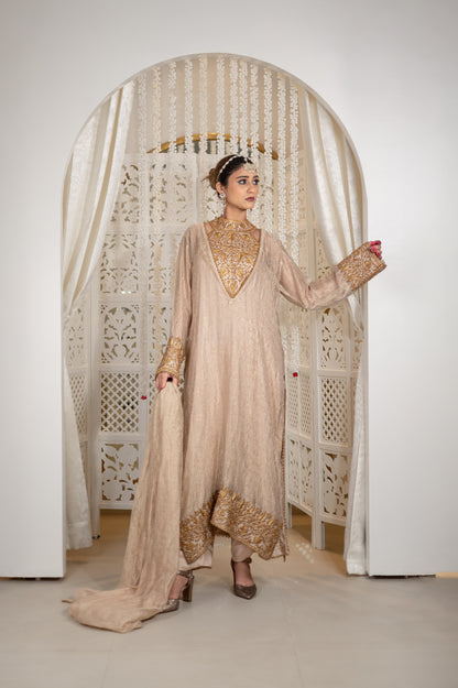 Zarafshan | Sand Gold Embroidered Tissue Suit