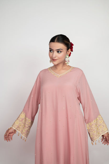 Gulrang-e-Shaam |  Powder Pink Embroidered Suit With Stripes Dupatta