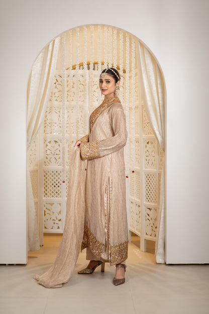 Zarafshan | Sand Gold Embroidered Tissue Suit