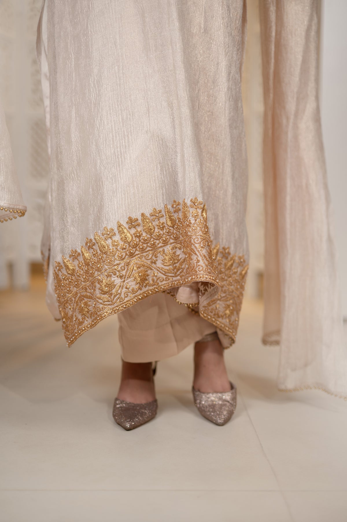 Zarafshan | Sand Gold Embroidered Tissue Suit