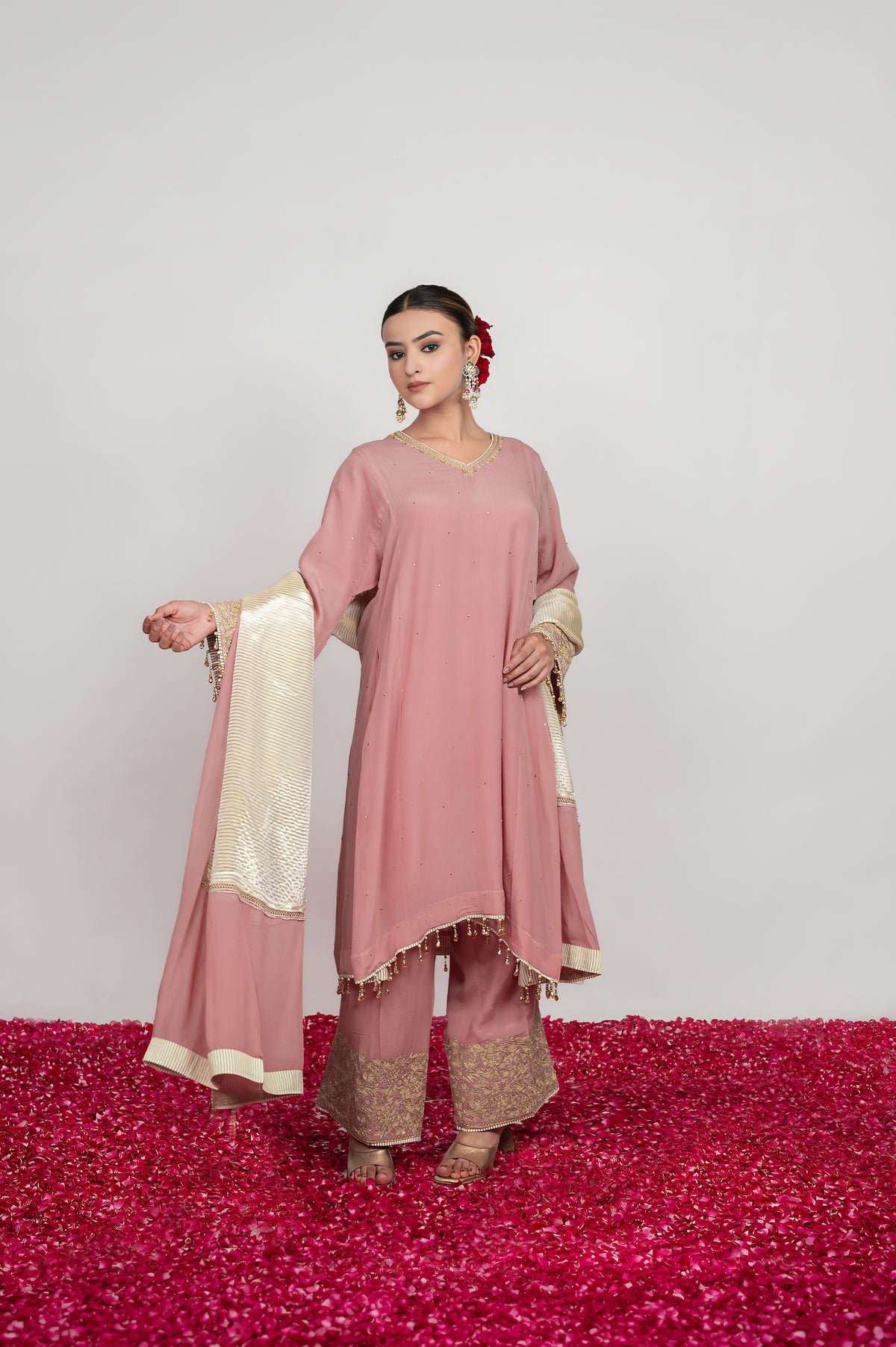 Gulrang-e-Shaam |  Powder Pink Embroidered Suit With Stripes Dupatta