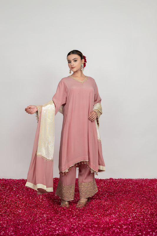 Gulrang-e-Shaam |  Powder Pink Embroidered Suit With Stripes Dupatta