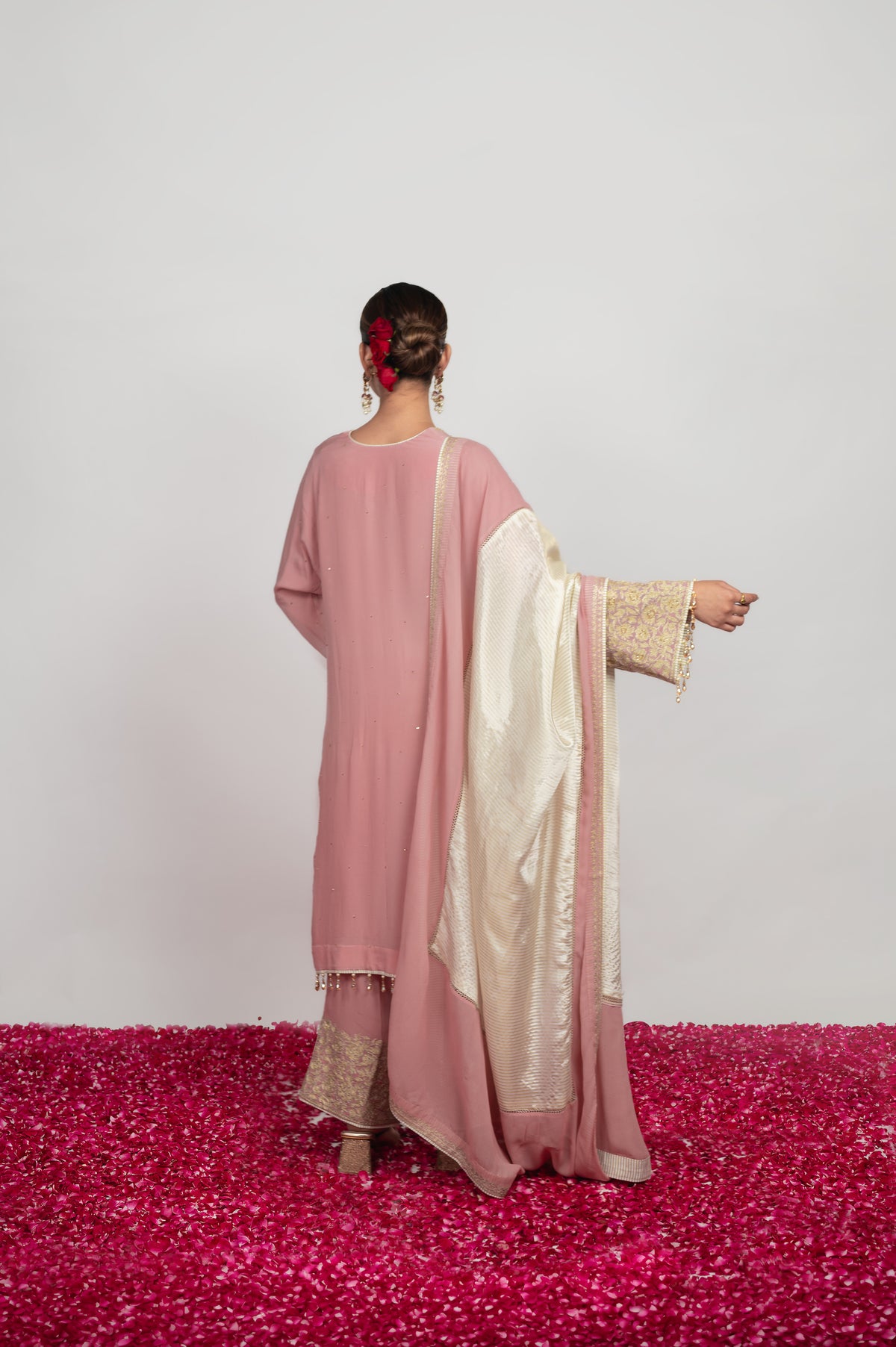 Gulrang-e-Shaam |  Powder Pink Embroidered Suit With Stripes Dupatta
