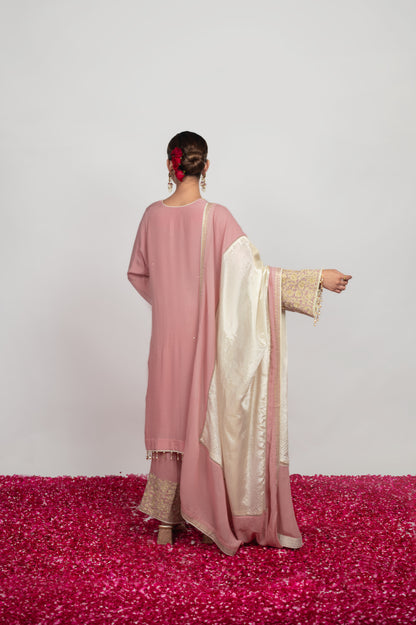 Gulrang-e-Shaam |  Powder Pink Embroidered Suit With Stripes Dupatta