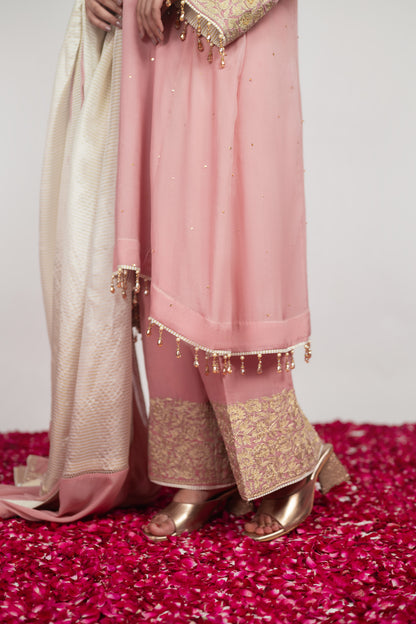Gulrang-e-Shaam |  Powder Pink Embroidered Suit With Stripes Dupatta