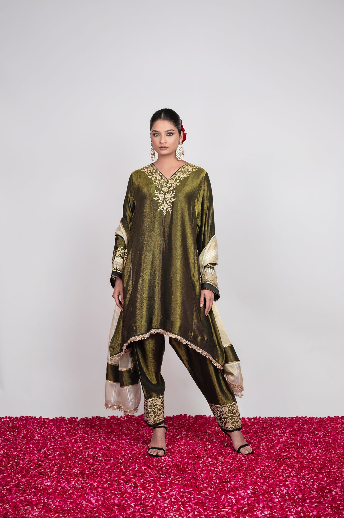 Rang-e-Shab | Deep Forest Embroidered Suit With Stripes Dupatta
