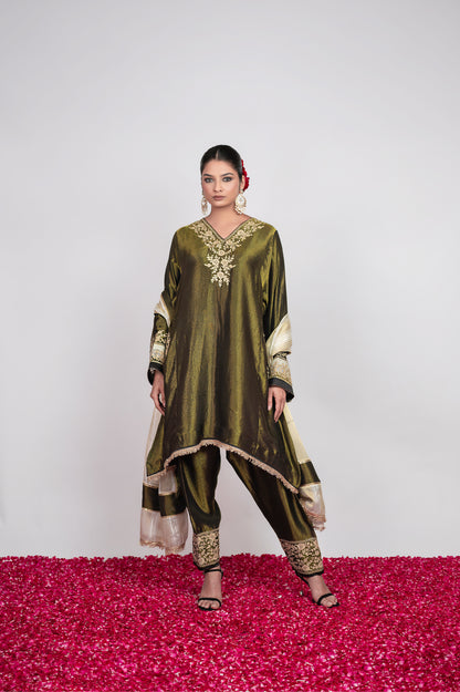 Rang-e-Shab | Deep Forest Embroidered Suit With Stripes Dupatta