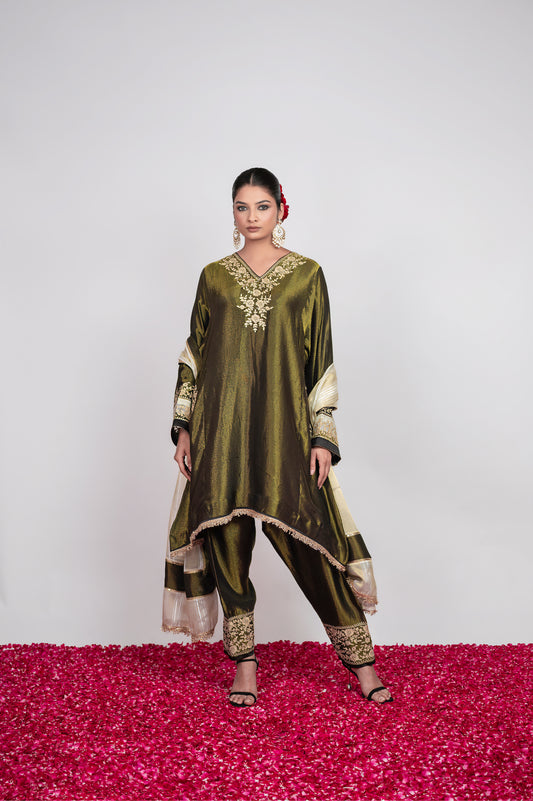 Rang-e-Shab | Deep Forest Embroidered Suit With Stripes Dupatta