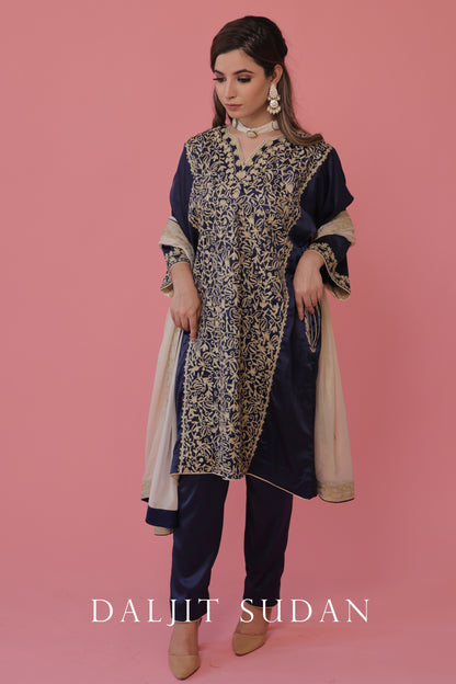 Navy Blue Satin phiran suit with tilla aari embroidery