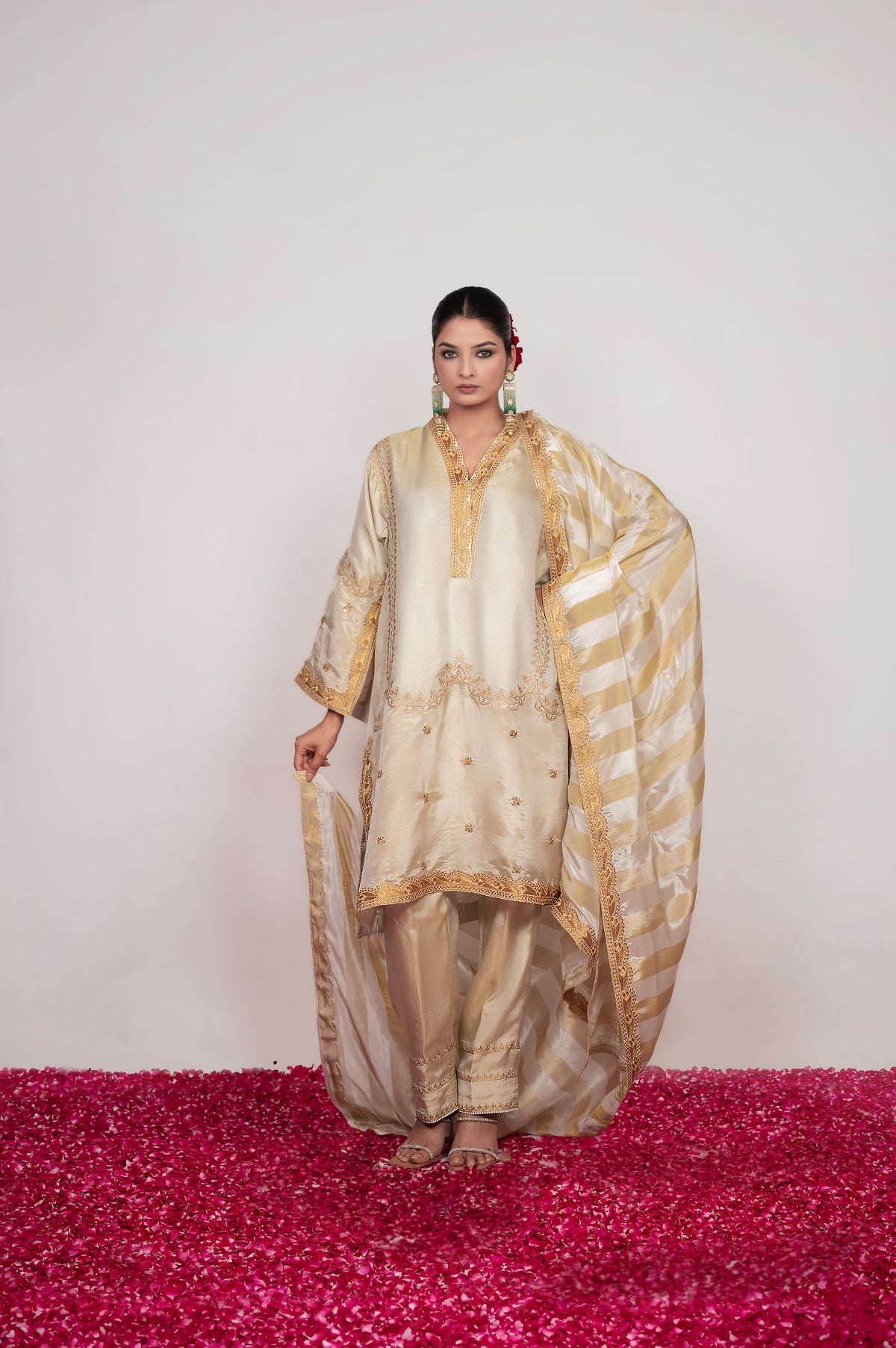 Tilla-e-Zar |  Ivory Embroidered Suit With Stripes Dupatta