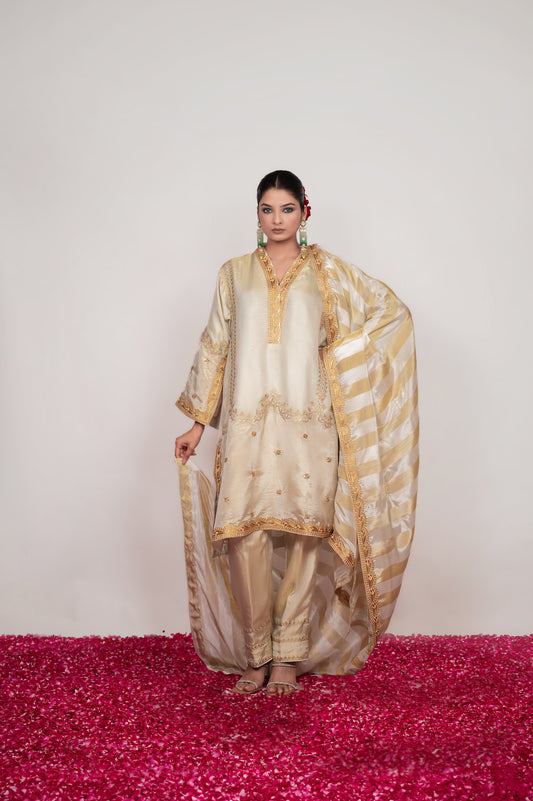 Tilla-e-Zar |  Ivory Embroidered Suit With Stripes Dupatta