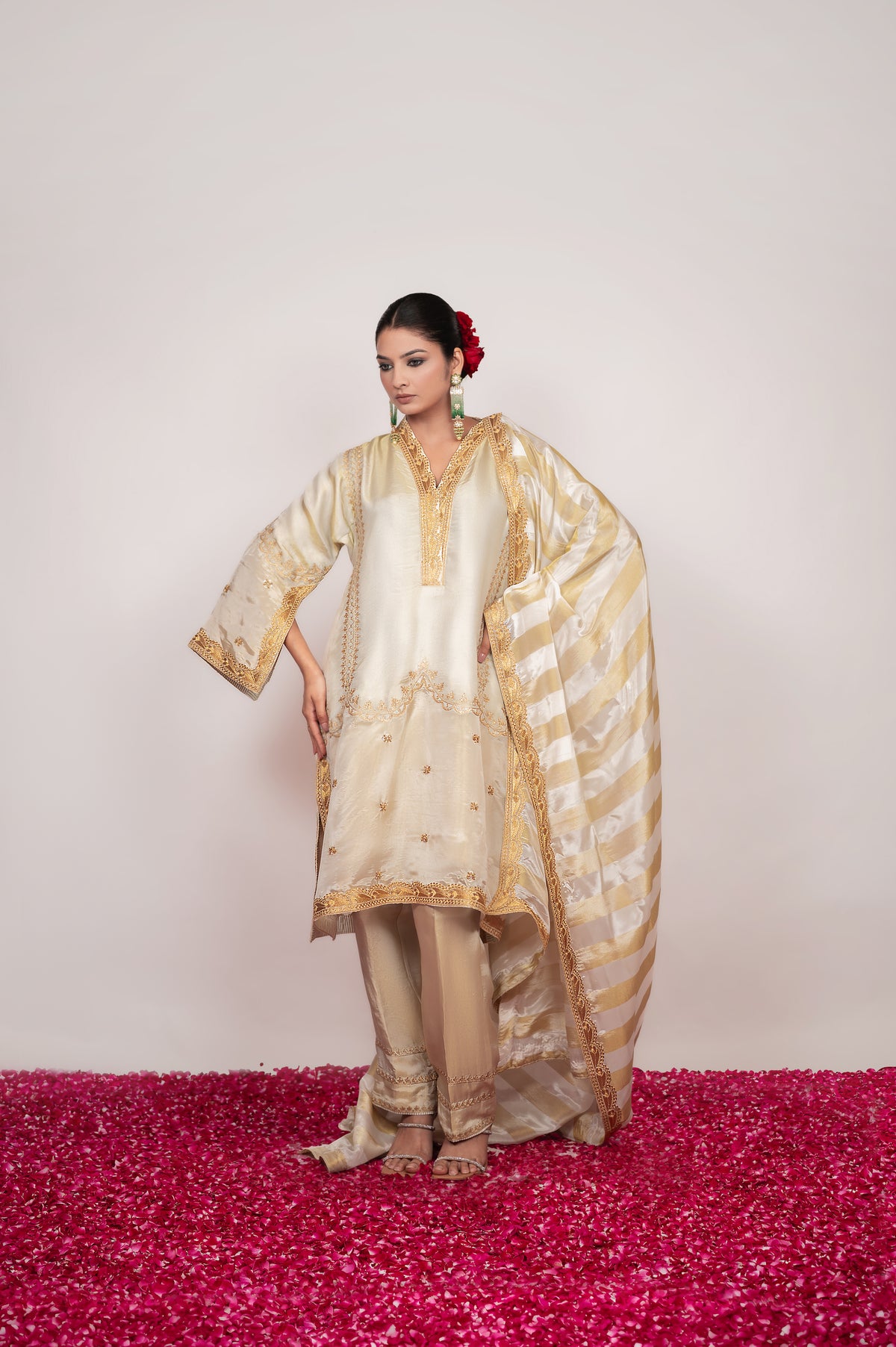 Tilla-e-Zar |  Ivory Embroidered Suit With Stripes Dupatta