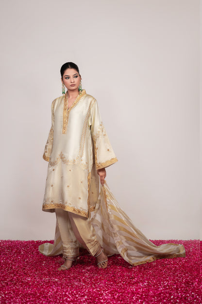 Tilla-e-Zar |  Ivory Embroidered Suit With Stripes Dupatta