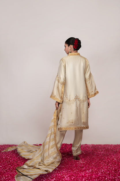 Tilla-e-Zar |  Ivory Embroidered Suit With Stripes Dupatta