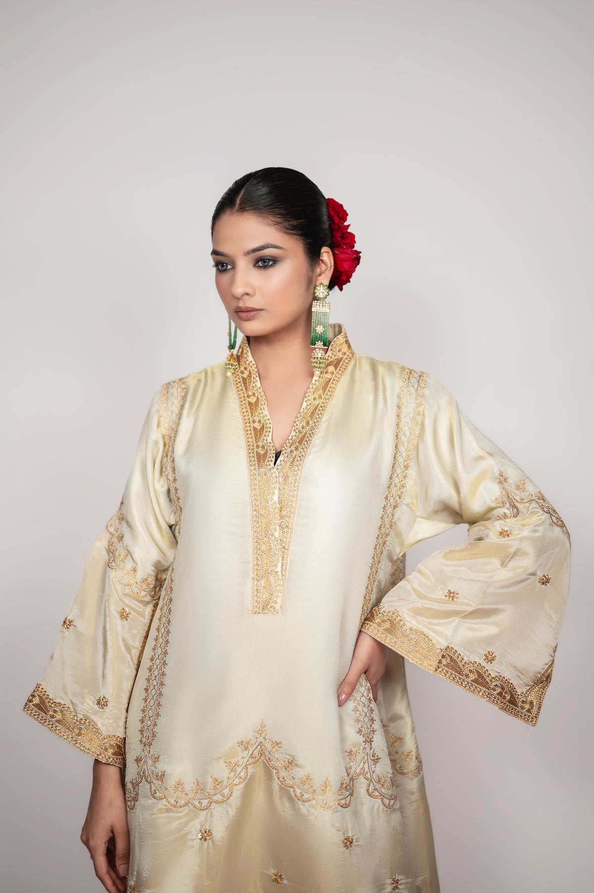 Tilla-e-Zar |  Ivory Embroidered Suit With Stripes Dupatta