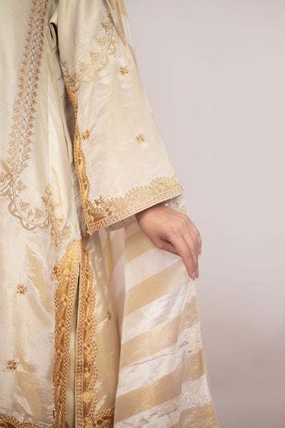 Tilla-e-Zar |  Ivory Embroidered Suit With Stripes Dupatta