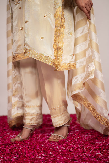 Tilla-e-Zar |  Ivory Embroidered Suit With Stripes Dupatta