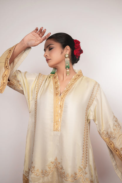 Tilla-e-Zar |  Ivory Embroidered Suit With Stripes Dupatta