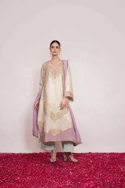 Rang-e-Mehtab | Ivory, Lilac Embroidered Suit