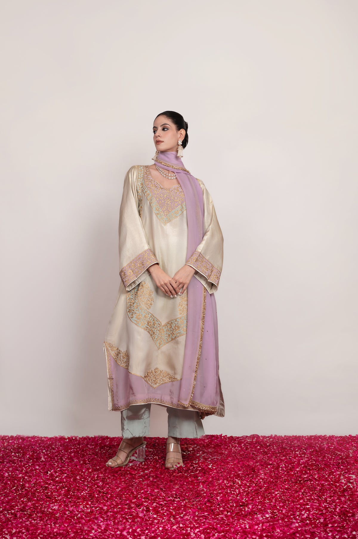 Rang-e-Mehtab | Ivory, Lilac Embroidered Suit